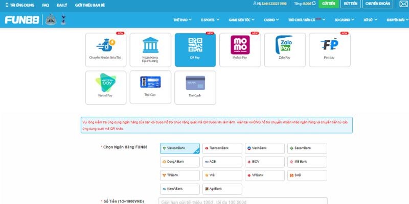 Nạp tiền tài khoản Fun88 bằng mã QR Pay