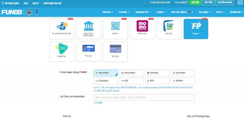 Nạp tiền thành công tại nhà cái Fun88 qua Fastpay