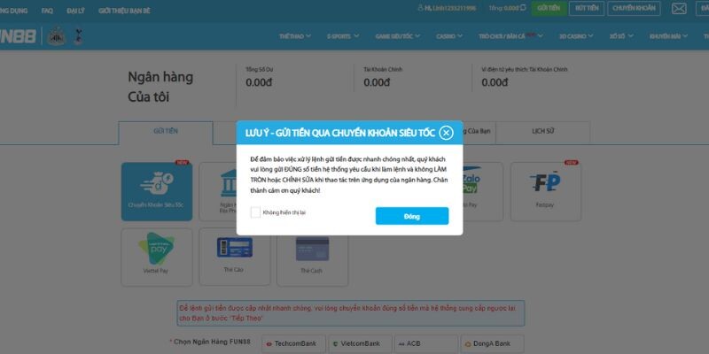 Một vài lưu ý quan trọng khi giao dịch gửi tiền Fun88