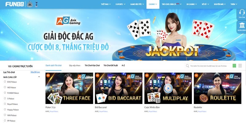 Giao dịch live casino Fun88 thanh toán an toàn và nhanh chóng